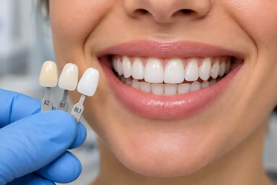 A2, B1 and BL1 tooth shade samples compared beside a natural smile